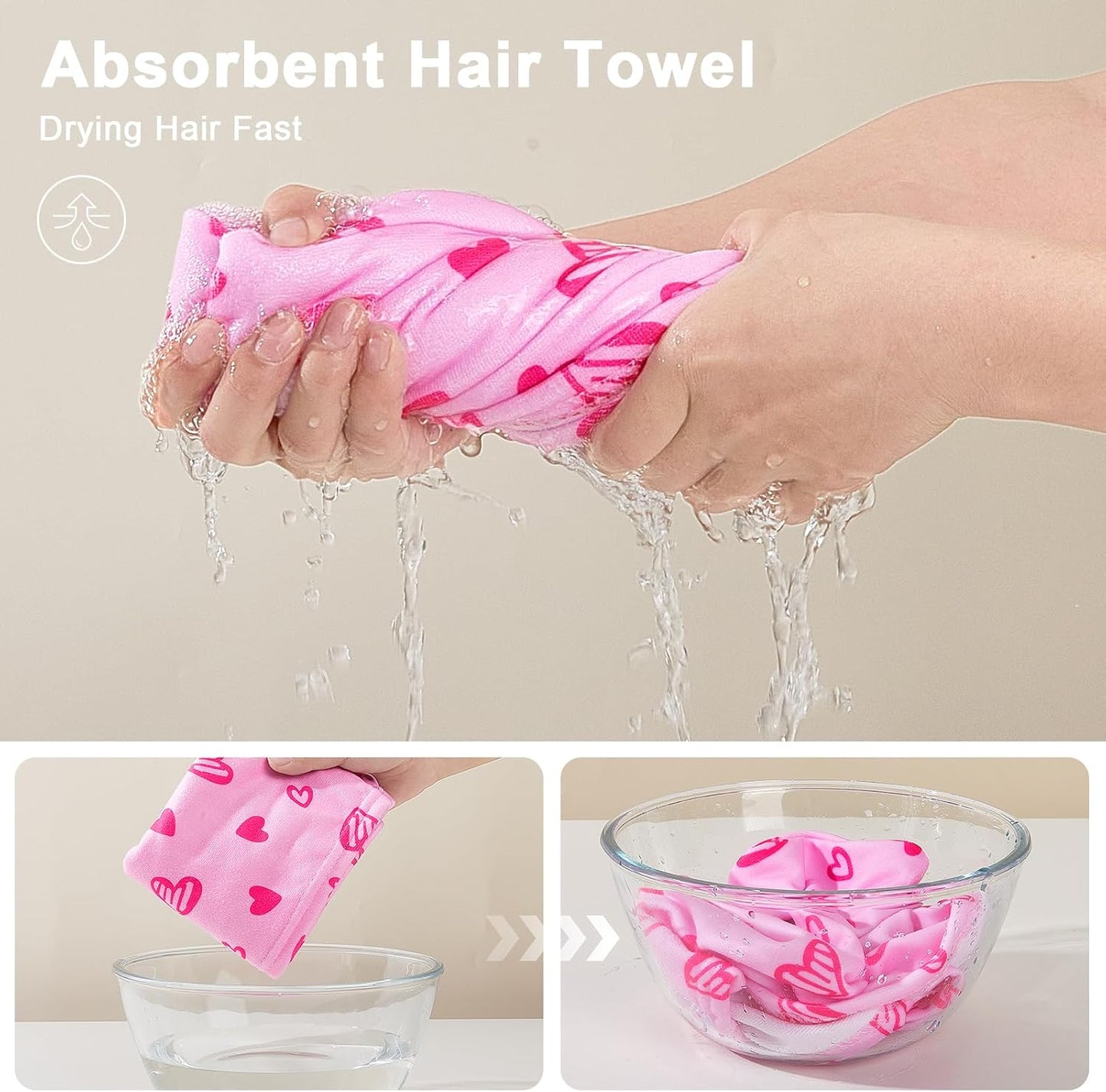 Unicorn Castle Microfiber Hair Towel for Kids 2Pack Hair Wrap Towels Absorbent Hair Drying Towel Wrap Hair Turbans for Curly Thick Hair, Pink White Strawberry