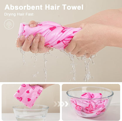 Unicorn Castle Microfiber Hair Towel for Kids 2Pack Hair Wrap Towels Absorbent Hair Drying Towel Wrap Hair Turbans for Curly Thick Hair, Pink White Strawberry