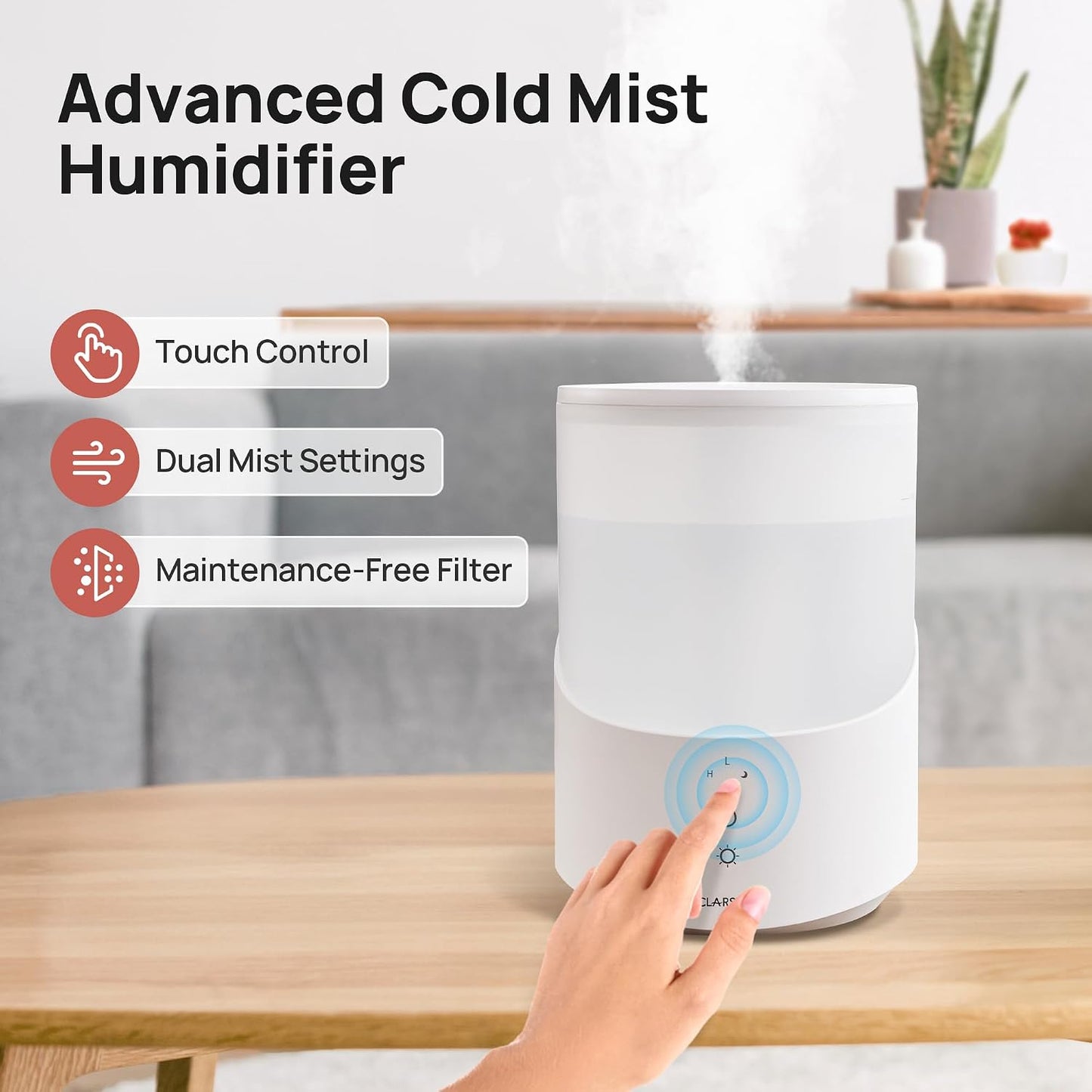 Clarston 2L Cool Mist Humidifier for Bedroom with 360° Adjustable Nozzle, High and Low Mist Levels, Ultra-Low Noise, Light-Off, No BPA, Auto Shut Off, Ideal Baby Humidifier with Easy Top Filling