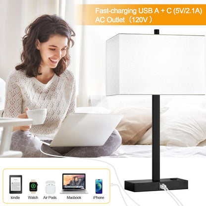 21" Touch Bedside lamps with 2 USB & AC Outlets, 3-Way Dimmable Bedside Table Lamps Set of 2 for Bedroom Living Room Office Reading, Gray Shade Lamps for Night Stands, 5000K LED Bulbs Included
