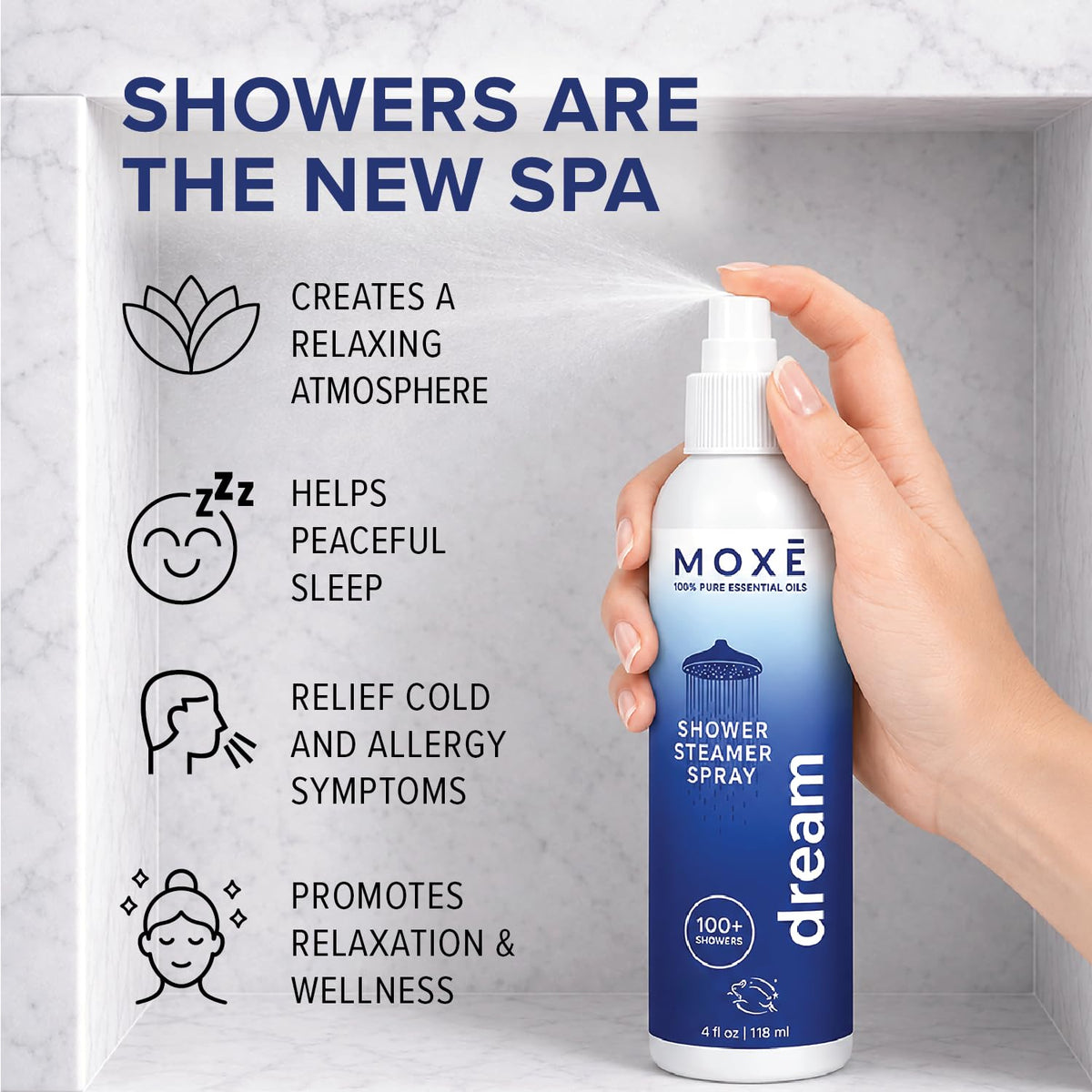 MOXĒ Eucalyptus Oil Shower Mist, Spa Steam Spray, Certified Natural 100% Essential Oils, Made in USA, Aromatherapy, Sinus Congestion Relief, Tension Relief, 4 Ounces