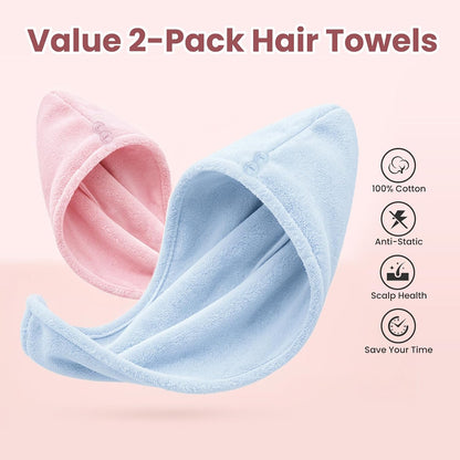 Mandydov 100% Cotton Hair Towel Wrap for Women, 2 Pack Thickened & Super Absorbent Turbans, Anti Frizz Quick Dry Hair Towels (Blue, Pink Blush)