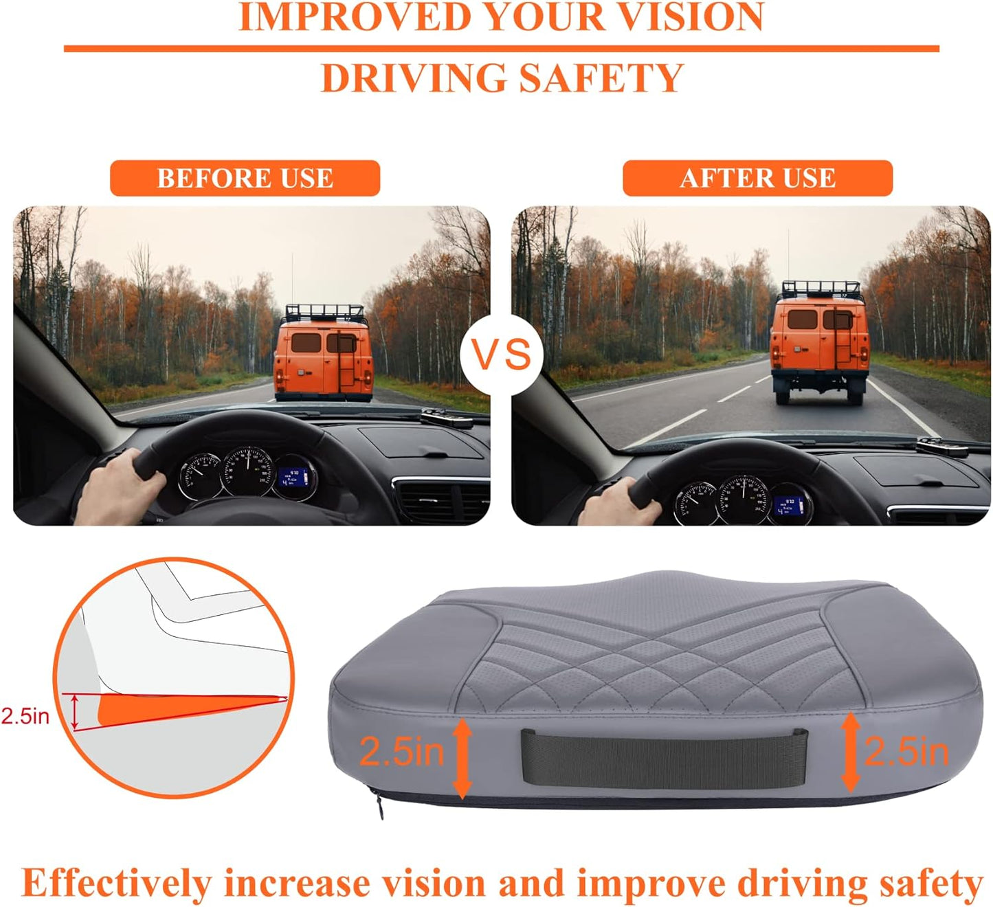 kingphenix Premium Car Seat Cushion, Memory Foam Driver Seat Cushion to Improve Driving View- Coccyx & Lower Back Pain Relief - Seat Cushion for Car, Truck, Office Chair (Leather Black)