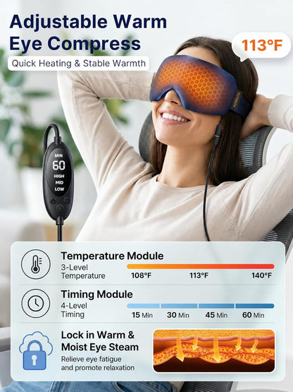 Heated Eye Mask for Dry Eyes, USB Powered Silk Warm Eye Compress & Eye Heating Pad, Washable Dry Eye Mask with 3 Heat & 4 Timer Settings for Blepharitis Stye Migraine Sinus MGD Puffiness（Blue）