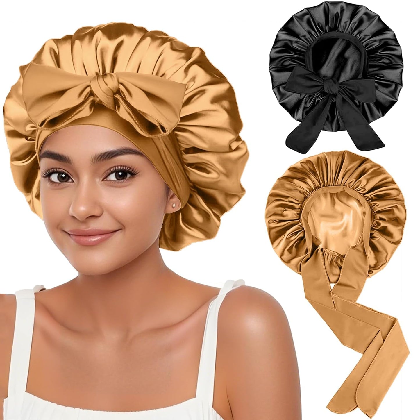 2Pcs Silk Hair Satin Bonnet for Sleeping Women,Large Satin Sleep Bonnets for Women with Elastic Tie Band Silk Hair Wrap with Ajustable Straps,Night Sleep Cap for Curly Braids,Black+Rose Gold