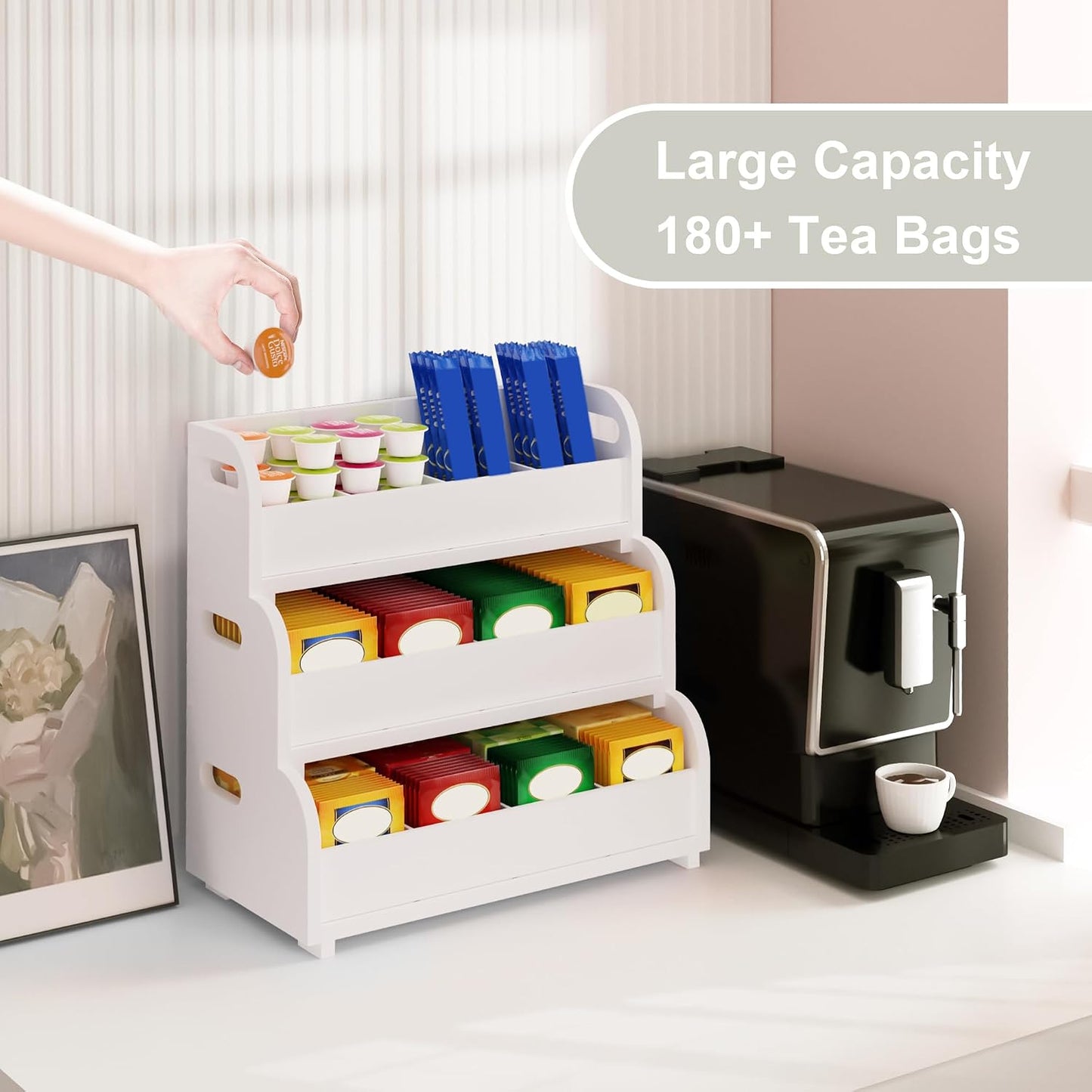 3-Tier Bamboo Tea Bag Organizer, Stackable Tea Holder for Countertop, Black