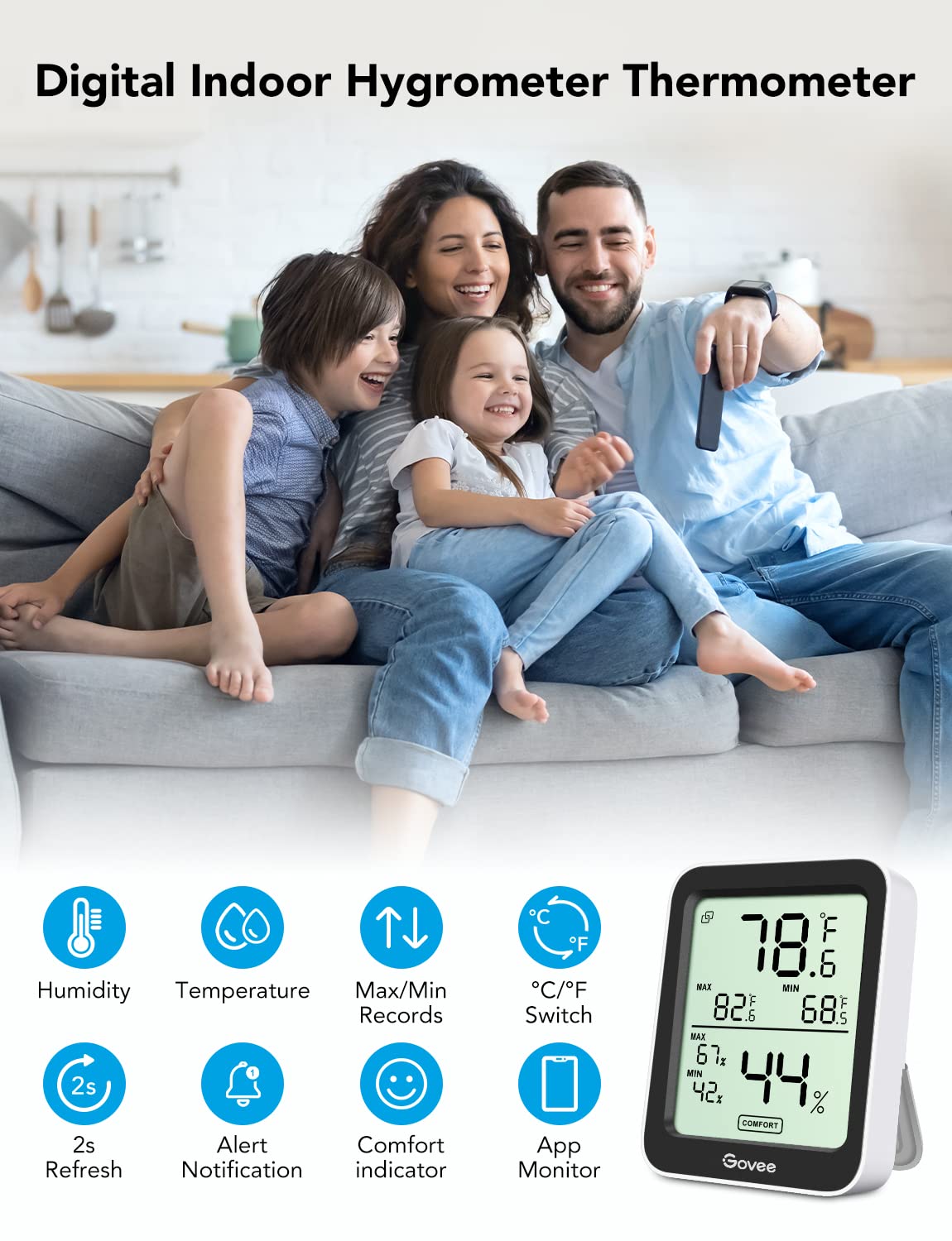 Govee Indoor Hygrometer Thermometer 2Pack H5075 with Bluetooth App Control | Room Temperature Humidity Meter, 164ft Remote Monitor, Smart Alerts, 2 Years Data Storage Export, for Bedroom Wine Cellar