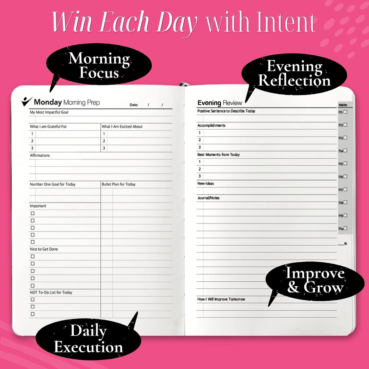 Goal Crazy Undated Planner – 90 Day Guided Journal & Productivity Organizer, A5 Daily & Weekly Planner with Goal Setting, Habit Tracker, To Do List, Academic & Work Calendar, Leather Hardcover - Black