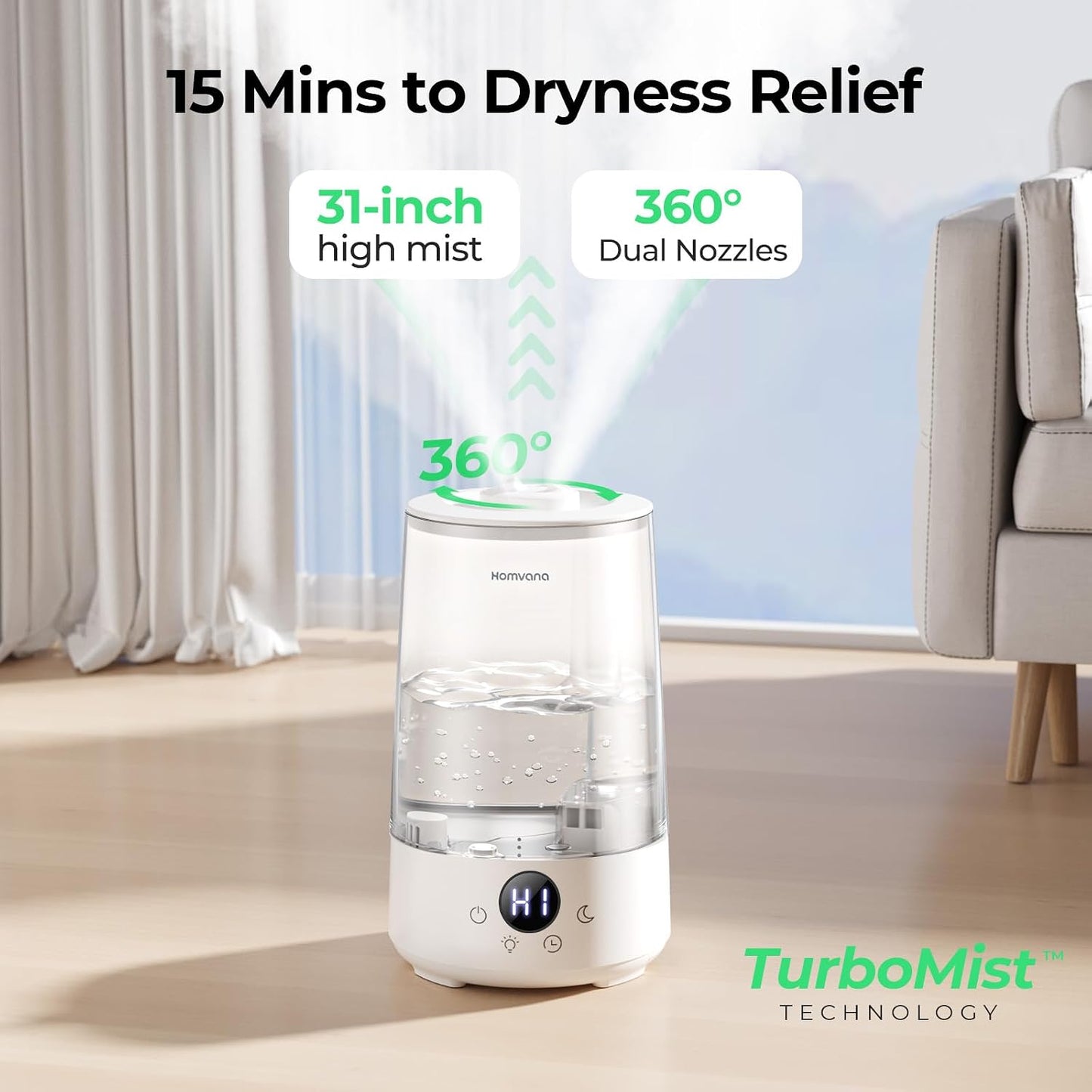 Homvana 3.6L Top-Fill Cool Mist Humidifiers for Bedroom, Large Room & Plants, 23dB Ultra-Quiet, Easy-to-Clean 2-in-1 Baby Humidifier & Oil Diffuser for Congestion Relief, Lasts Up to 4 Nights (Grey)