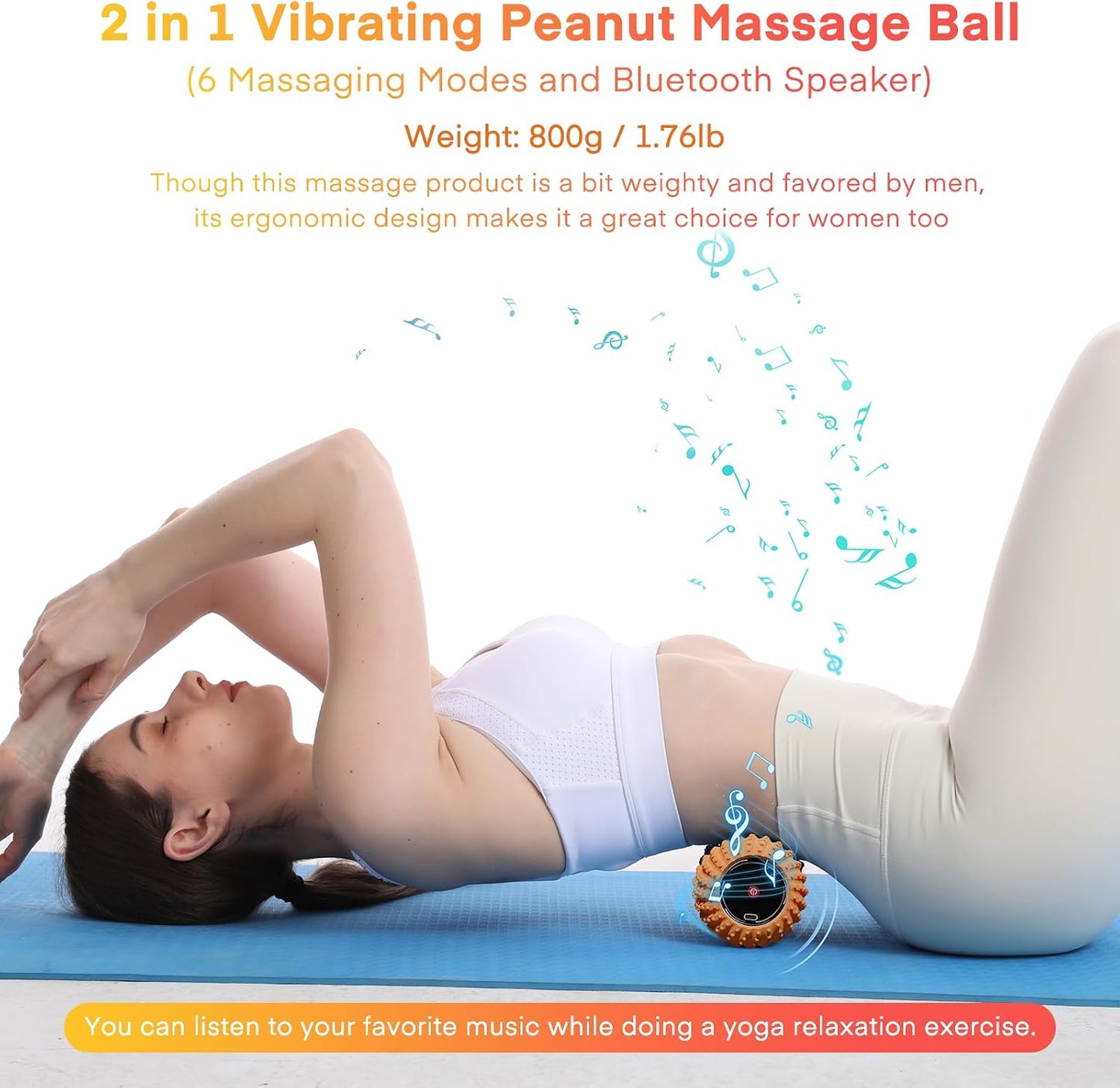 2 in 1 Vibrating Peanut Massage Ball with 6 Massaging Modes and Bluetooth Speaker, Rechargeable Vibrating Massage Yoga Roller Ball for Muscle Recovery, Orange