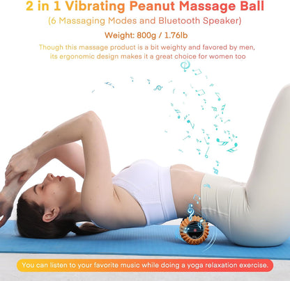 2 in 1 Vibrating Peanut Massage Ball with 6 Massaging Modes and Bluetooth Speaker, Rechargeable Vibrating Massage Yoga Roller Ball for Muscle Recovery, Orange