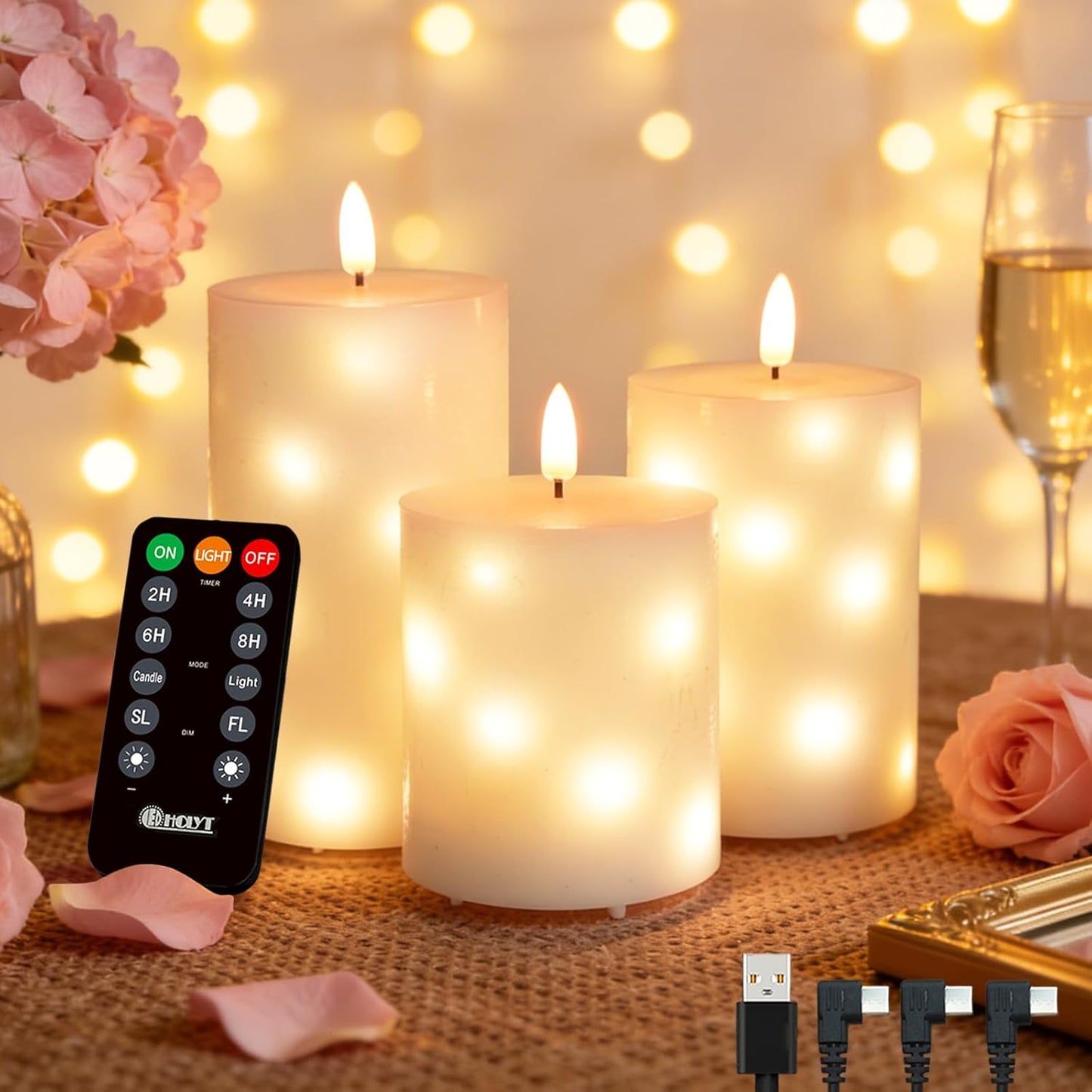 LEDHOLYT Rechargeable Flameless Glass Pillar Candles–Gifts for Women,–Set of 3, Realistic Flickering LED Flame,Remote & Timer, Ideal for Living Room, Bedroom & Halloween Festival Home Party Decor