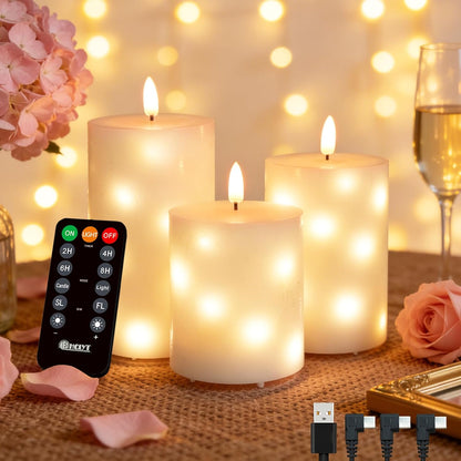 LEDHOLYT Rechargeable Flameless Glass Pillar Candles–Gifts for Women,–Set of 3, Realistic Flickering LED Flame,Remote & Timer, Ideal for Living Room, Bedroom & Halloween Festival Home Party Decor