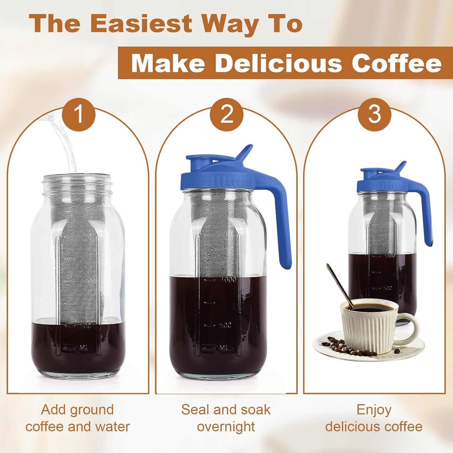 Cold Brew Coffee Maker,64 oz Mason Jar Pitcher with Stainless Steel Filter, Pour Spout Handle Lid, Heavy Duty Glass Airtight & Leak-Proof for Iced Coffee,Tea & Lemonade