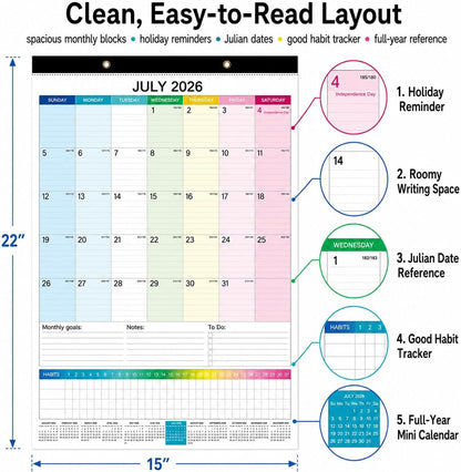 Large Wall Calendar 2026-2027, 18-Month Wall Calendar from July 2026 to December 2027, 15" x 22" 2026 Wall Calendar with Spacious Blocks, Julian Dates, Habit Tracker & Full-Year Reference for Home Office School Colorful