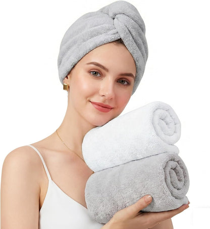 Mandydov 100% Cotton Hair Towel Wrap for Women, 2 Pack Thickened & Super Absorbent Turbans, Anti Frizz Quick Dry Hair Towels (Blue, Pink Blush)