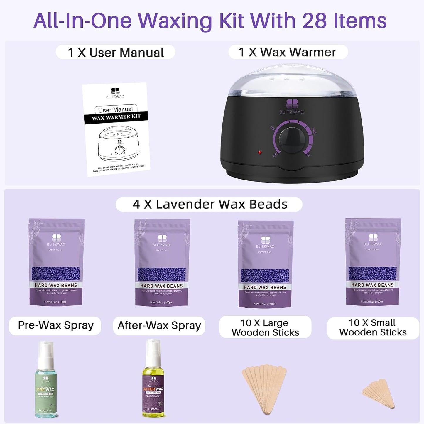 BLITZWAX Brazilian and Bikini Waxing Kit for Women, Hard Wax Warmer for Face, Legs and Body, At Home Hair Removal Kit, Beginner Friendly, Digital Fast Heating, 51 Wax Items