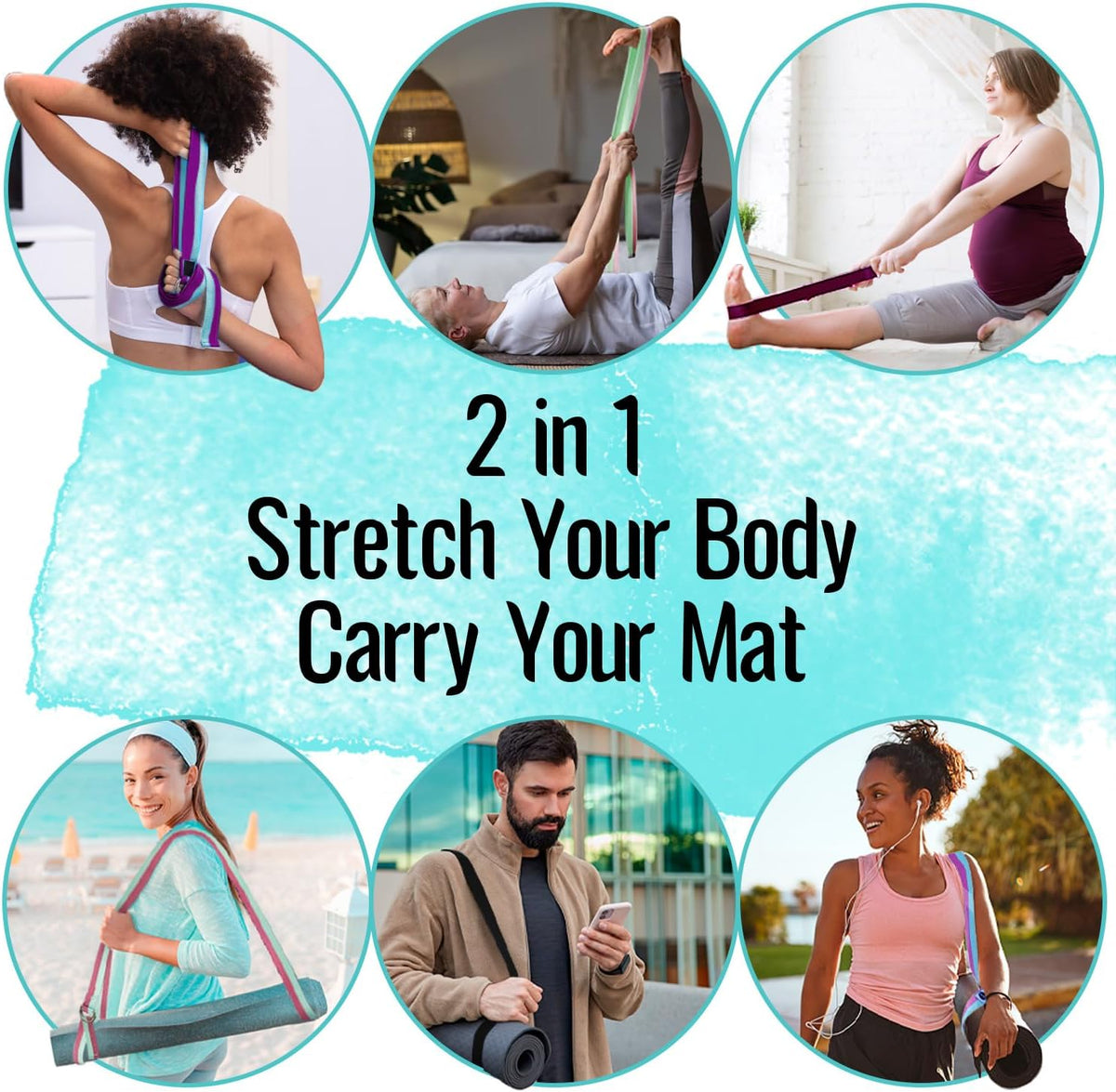 TECEUM 2 IN 1 Yoga & Mat Strap for Stretching – Cotton – 6/8/10 ft