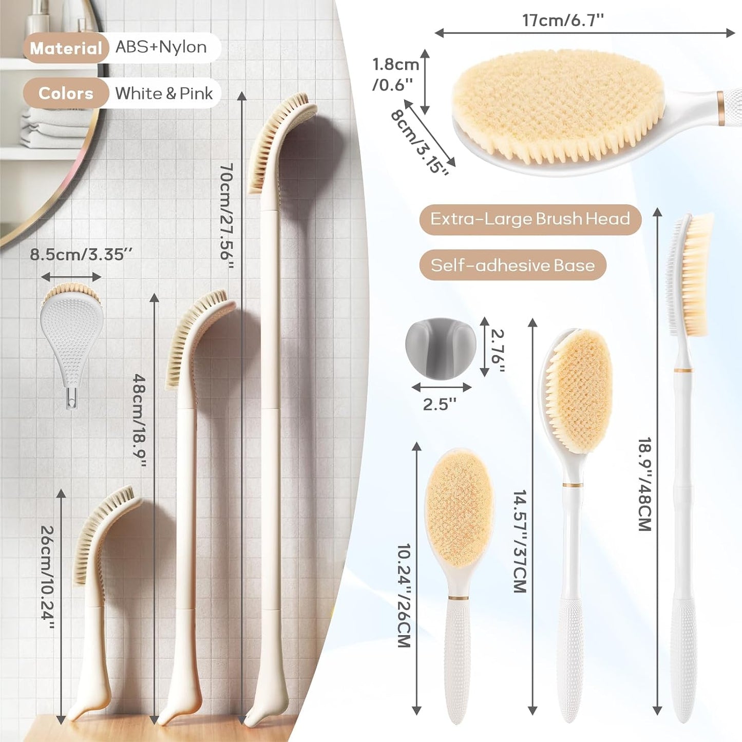 New Foot Brush with Adjustable Long Handle, 3-in-1 Foot Scrubber for Wet or Dry Brushing, 10.2’’- 27.5’’ Foot Scrub Brush for Senior, Pregnant, Disabled, or Injured, Gift-Box Packed(White)