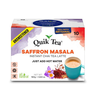 QuikTea Instant Saffron Masala Chai Tea Latte Unsweetened, 10 Single-Serve Sachets, Artisanal Indian Chai Latte Mix, Just Add Hot Water, Low Caffeine, Non-GMO, Gluten Free.