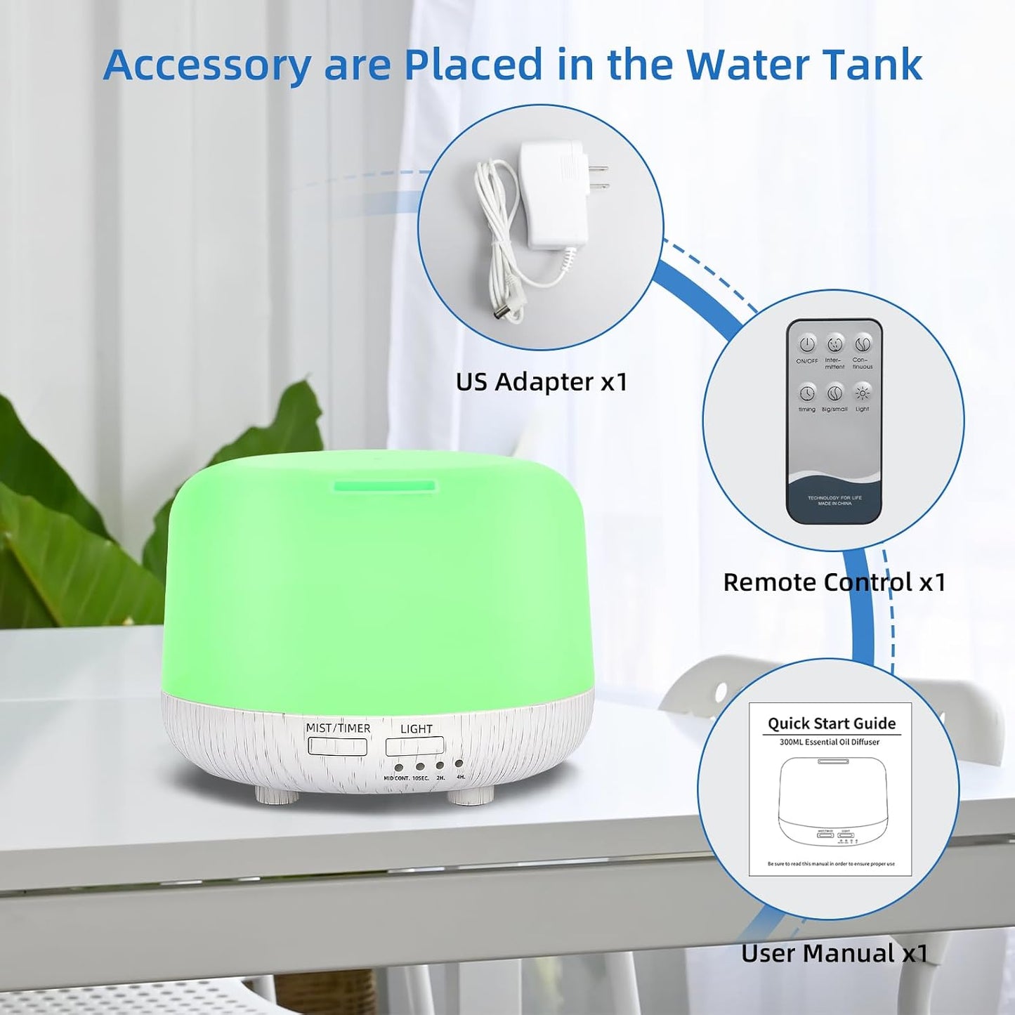 SPLITSKY Aromatherapy Essential Oil Home Diffuser with Remote Control, 300ML Large Room Cool Mist Air Humidifier, 8 Hours Quiet Operation, Timer, 7 Colors LED Night Night，Suitable Home,Yoga.