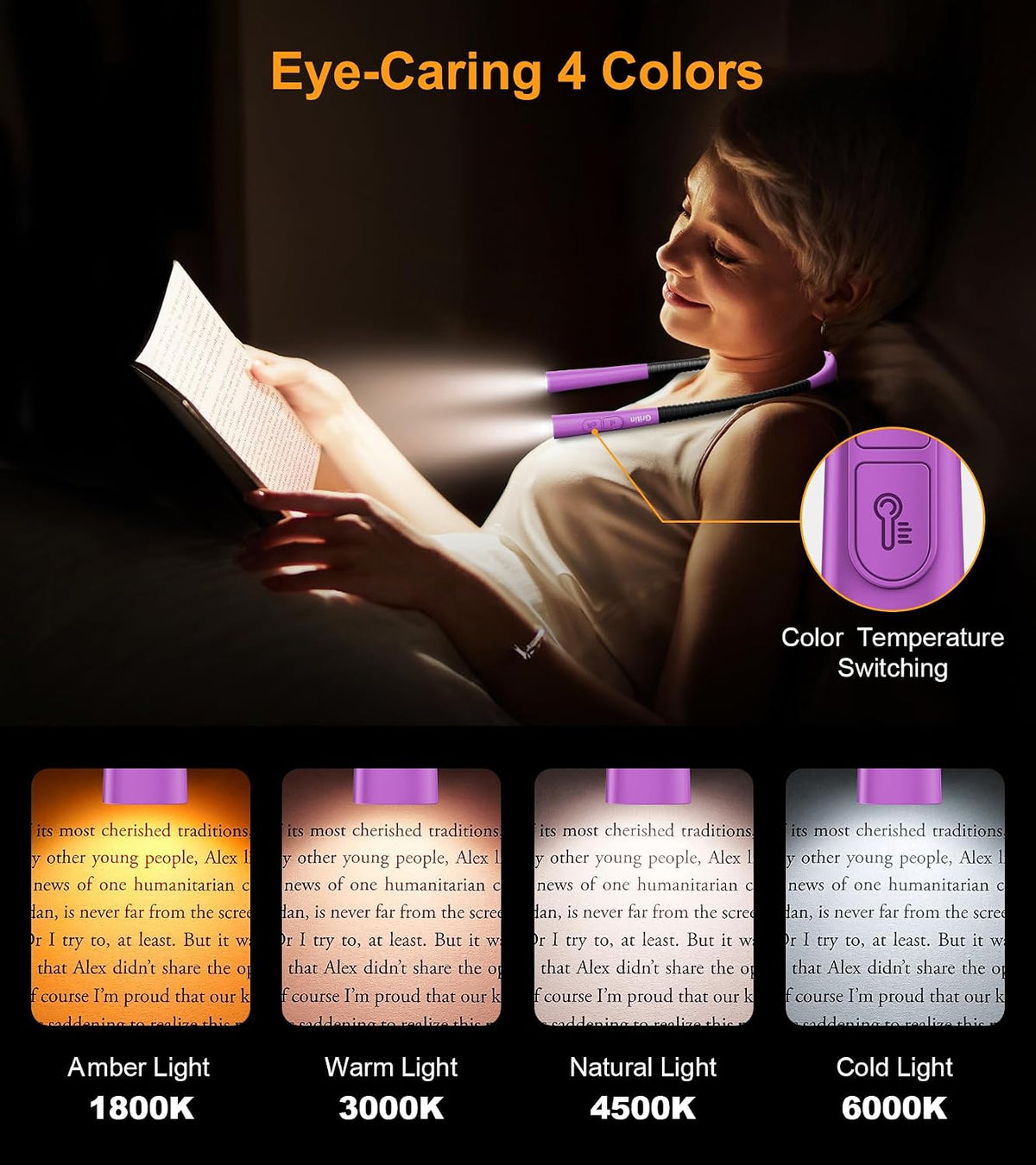 Gritin Book Light,Eye Caring 3 Colors & Stepless Dimming Neck Reading Light