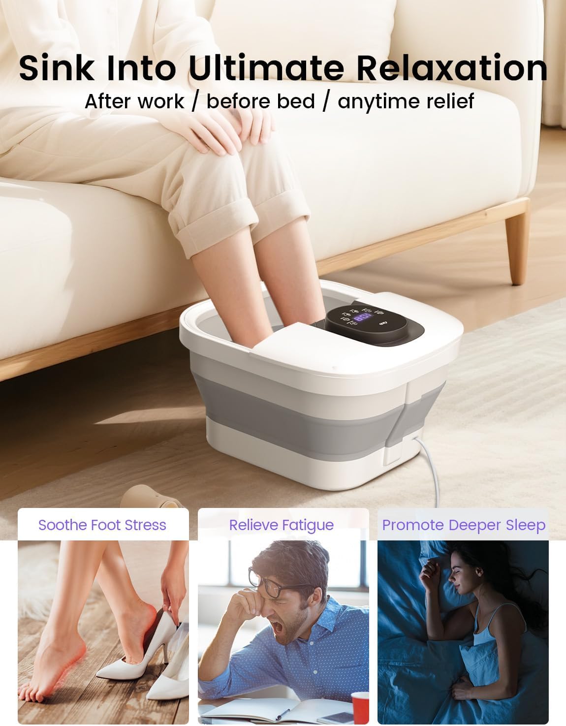 RIKE Collapsible Foot Spa with Fast PTC Heating and Massage, 14 Temp Control Precise Heated Foot Bath, Smart Digital Touch Screen & Ambient Light, Space-Saving Design,Ideal Gift for Parents & Her