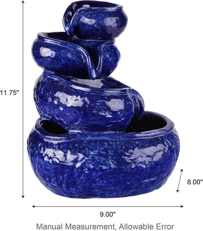 Glitzhome Ceramic Tabletop Tiered Water Fountain with Pump and LED Light 8.75'' Turquoise Leaf Textured Water Fountain Zen Decor for Indoor and Home Decoration Table Desk Office Patio