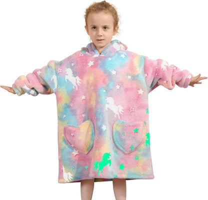 Fiosnow Glow in the Dark Unicorn Blanket Hoodies for Kids 6-13YR Oversize Wearable Blanket Hoodies for Boys Girls Teens