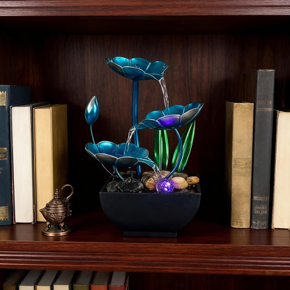 AOZITA Tabletop Fountain, Indoor Waterfall Fountain, Small Home Décor Zen Relaxation Soothing Sound Machine for Office, Living Room, or Bedroom,Blue Metal Lotus with Bud, River Rocks,Round LED
