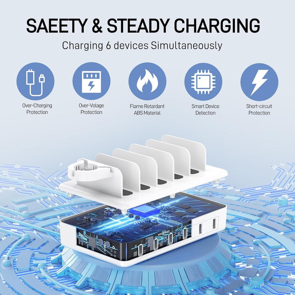 Charging Station for Multiple Devices, 50W 6 Ports Charging Dock with Stand