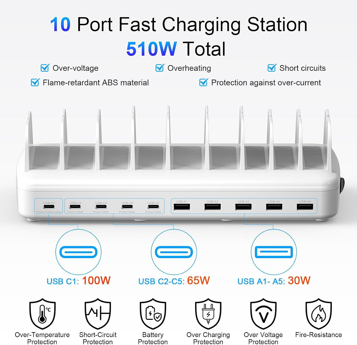 510W Charging Station for Multiple Devices, 10 Ports Charger Organizer