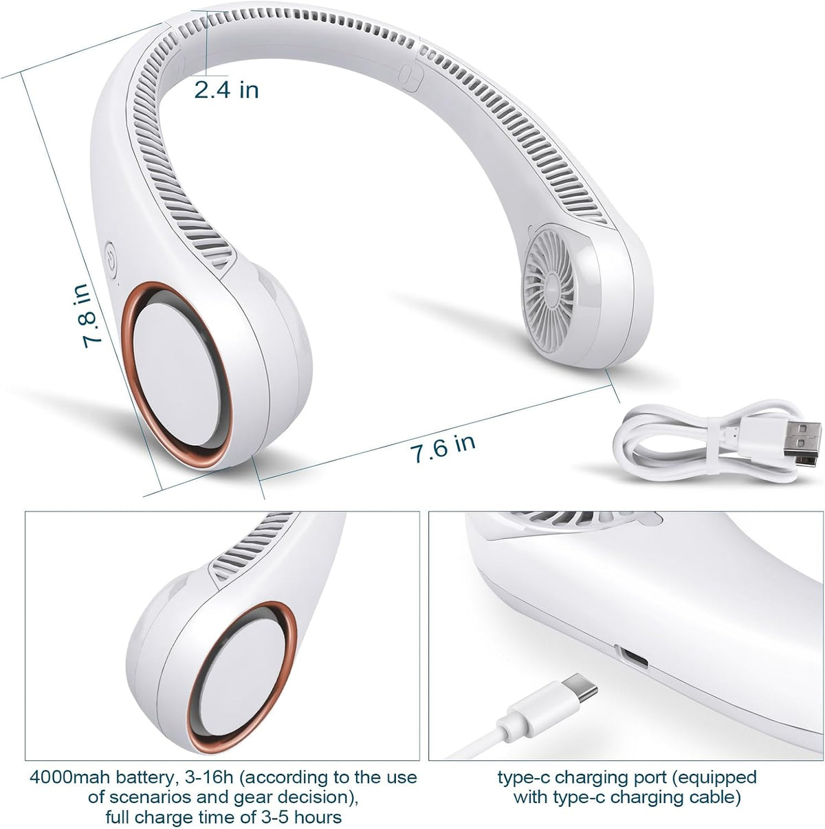 CIVPOWER Neck Fan: Portable Personal Neck Cooling Rechargeable Bladeless Fan - Hands Free 3 Speed 4000 mAh Battery USB Operated Wearable Headphone Design - Gift for Men Women Outdoor (White)