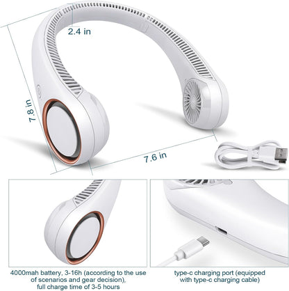 CIVPOWER Neck Fan: Portable Personal Neck Cooling Rechargeable Bladeless Fan - Hands Free 3 Speed 4000 mAh Battery USB Operated Wearable Headphone Design - Gift for Men Women Outdoor (White)