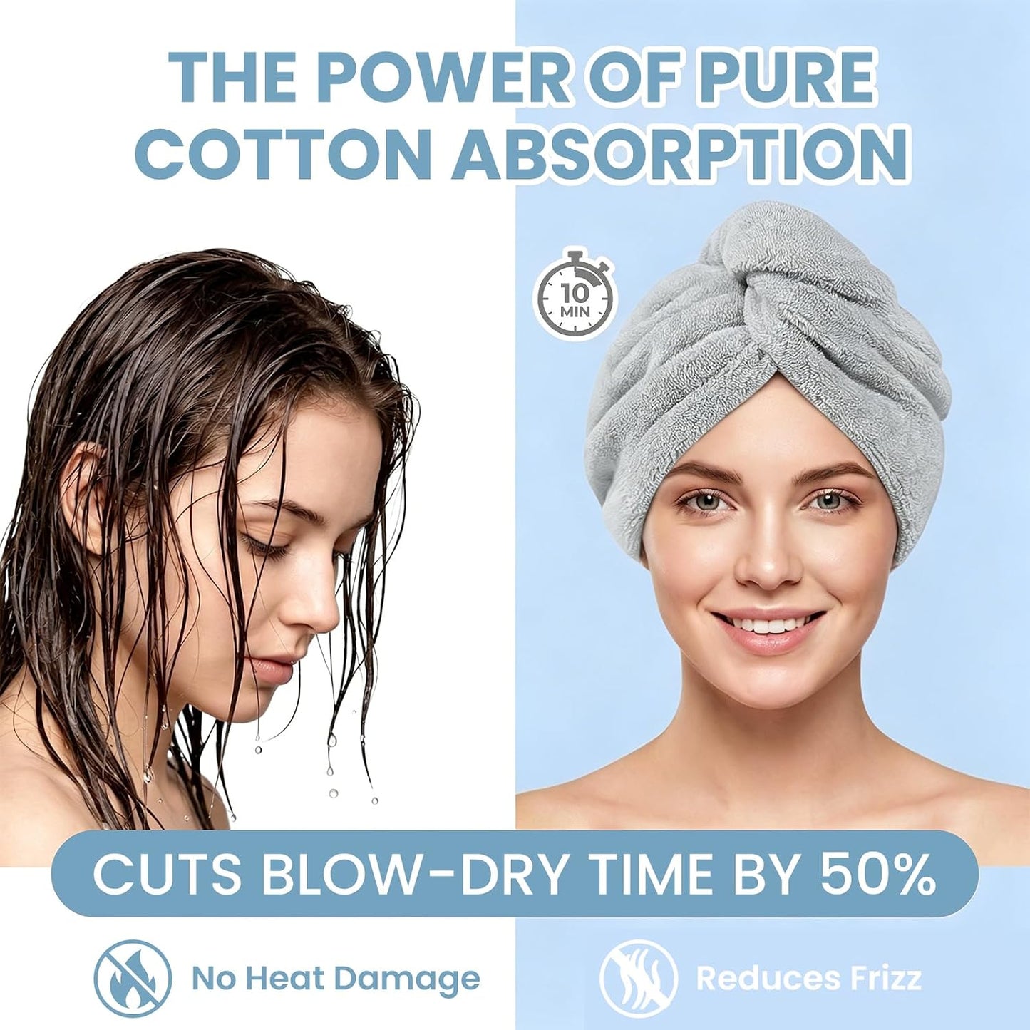 Mandydov 100% Cotton Hair Towel Wrap for Women, 2 Pack Thickened & Super Absorbent Turbans, Anti Frizz Quick Dry Hair Towels (Blue, Pink Blush)