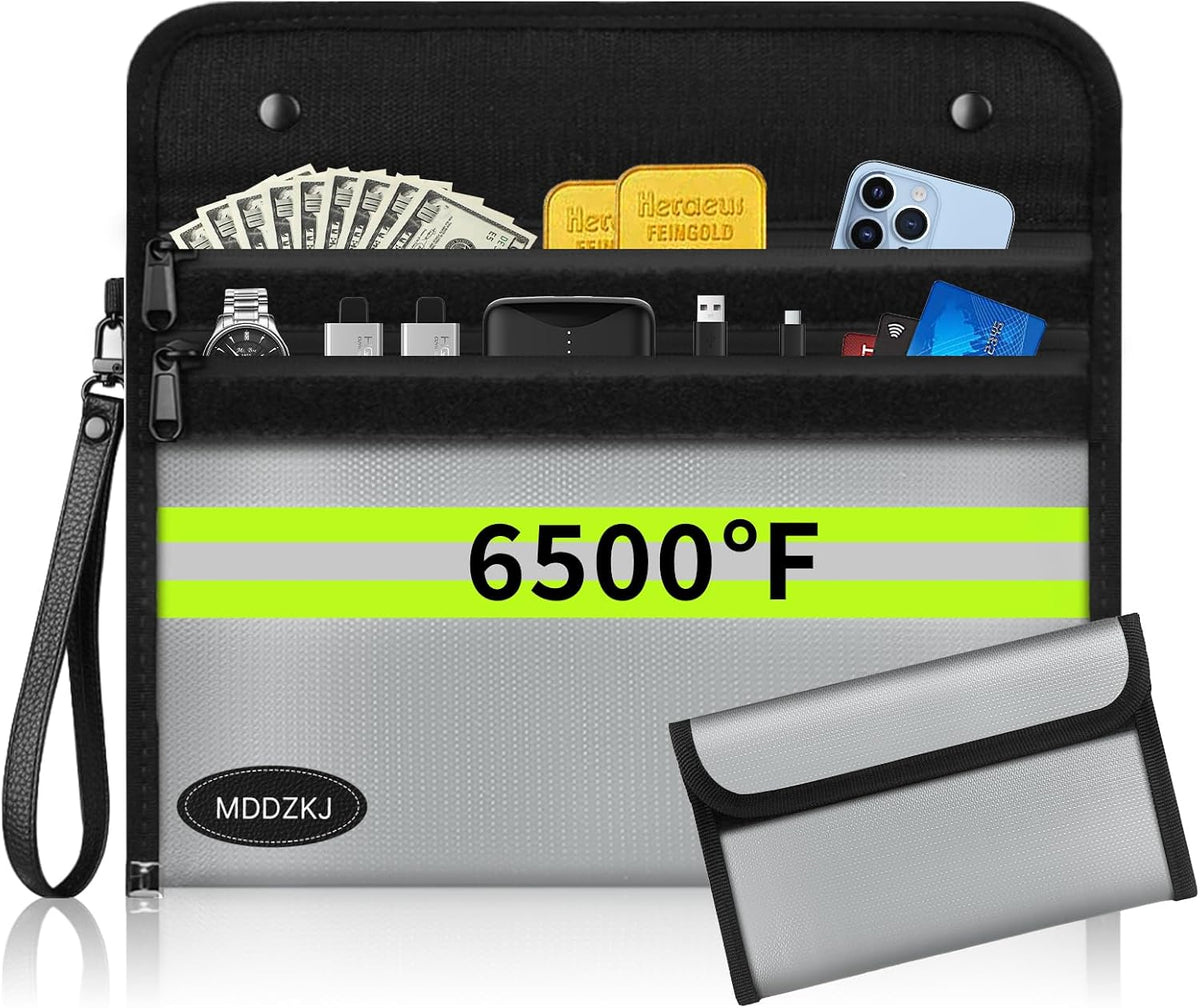 6500℉ Upgraded Fireproof Cash Bag (11.2x7.7 inch) with 2 Pockets,Small Fireproof Safe with 2 Zipper,Storage Cash,Legal Documents Safe,10 Layers of Heat Insulated Materials(2 Pack)