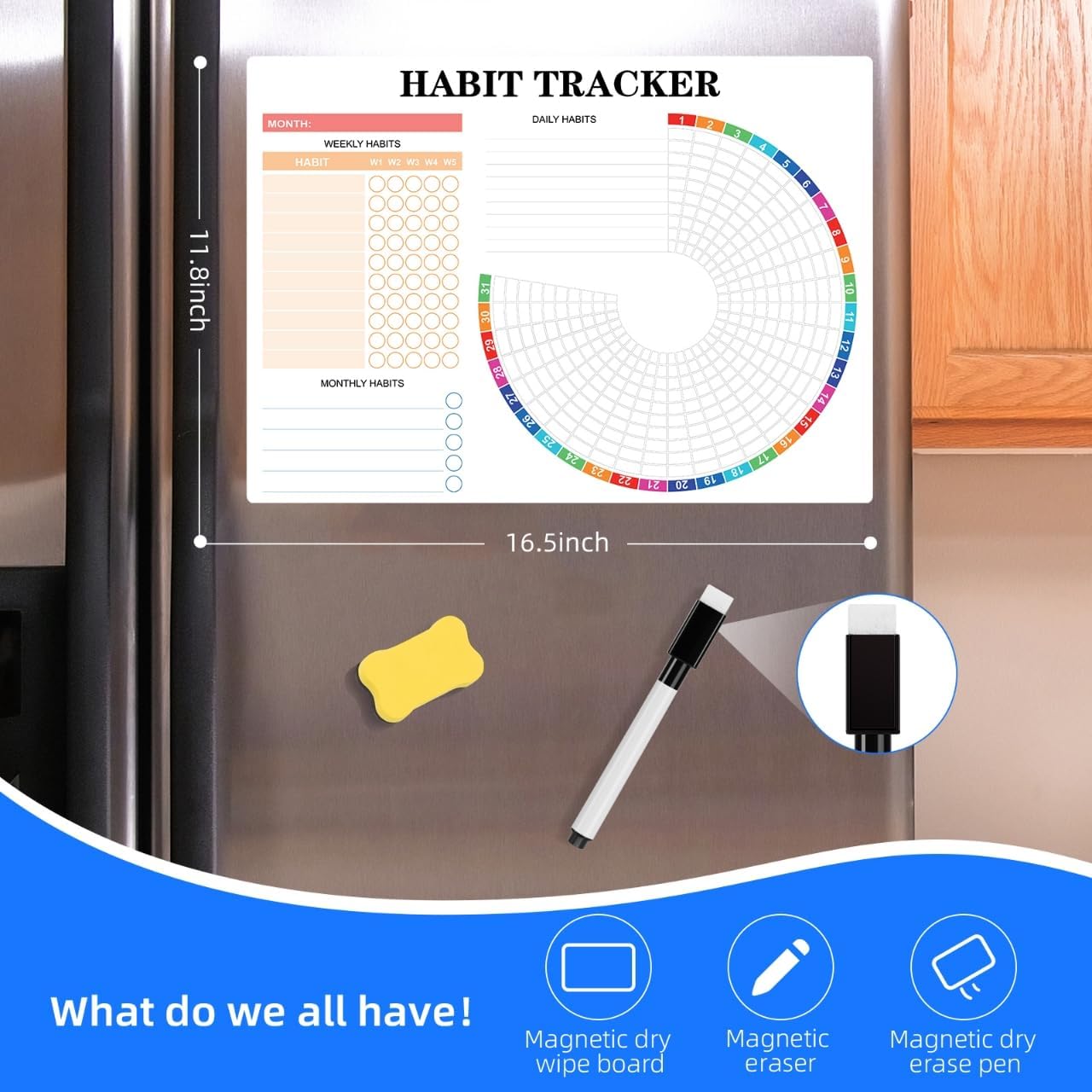 Habit Tracker Calendar Magnetic Whiteboard for Refrigerator Daily Weekly and Monthly Goal and Habit Tracker Motivational Goal & Planner Journal (Color)