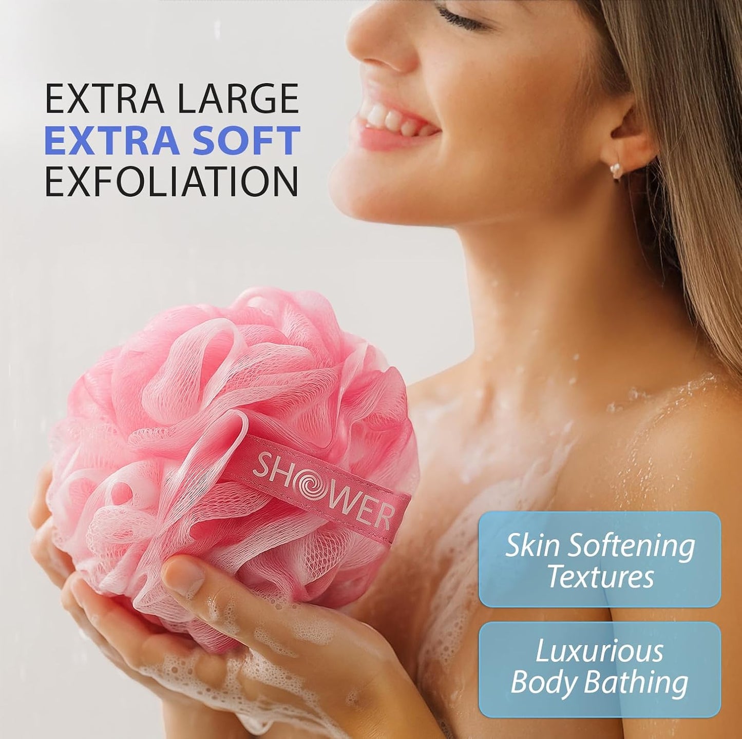 SHOWER BOUQUET Loofah-Charcoal Bath-Sponge XL-Color-4-Pack // Extra Large 75g Soft Mesh Black Luffa Loofa Loufa Puff Set/Exfoliating Body Scrubber for Women and Men - Exfoliate & Soothe Face & Body