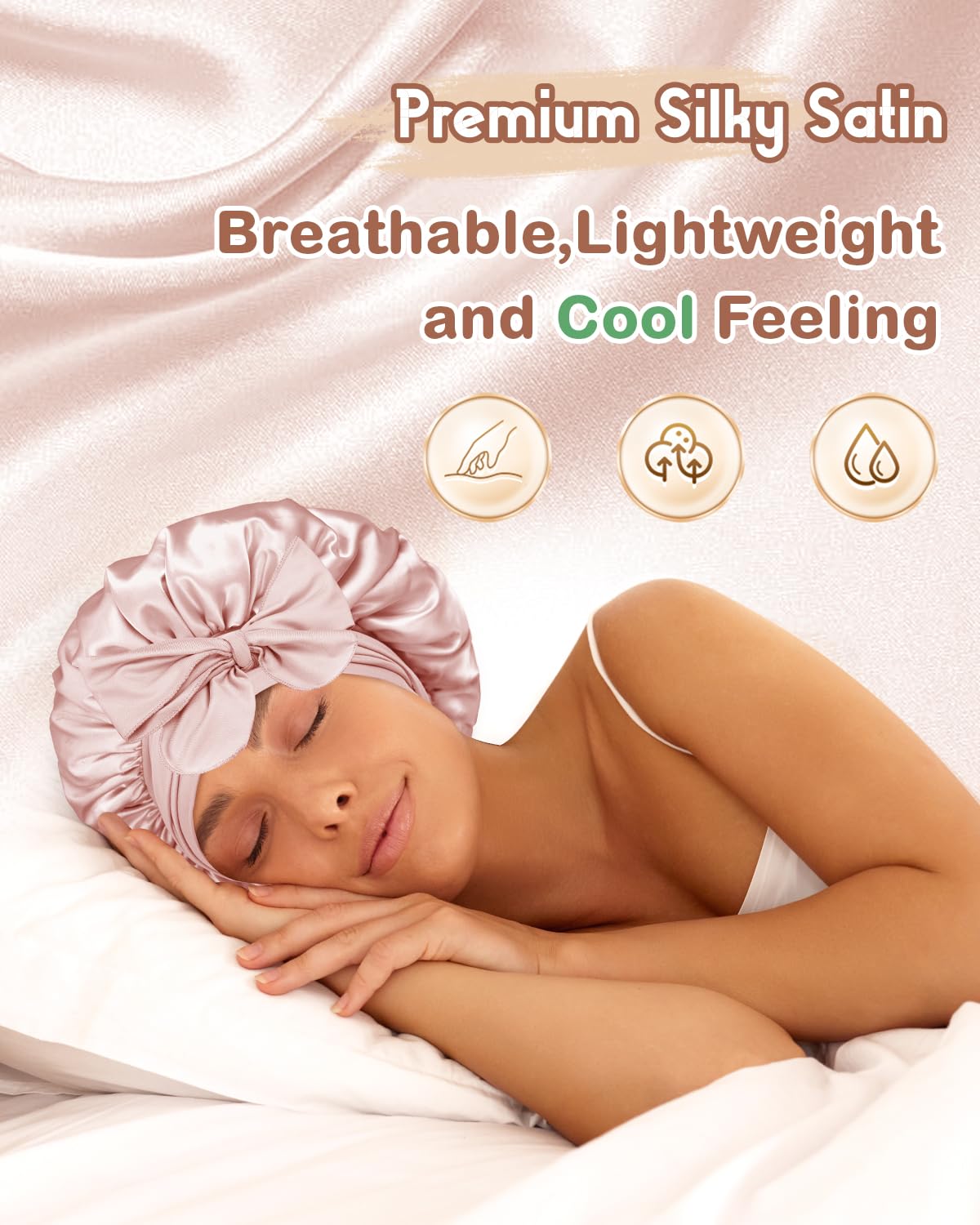 BONNET QUEEN Silk Bonnet for Sleeping for Women Satin Bonnet Night Cap for Curly Hair with Tie Band, Single Layer, Cream Pink