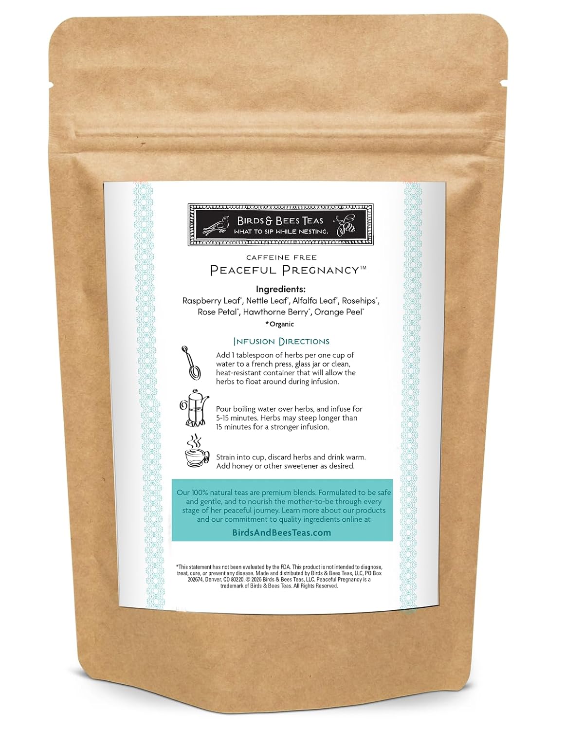 Birds & Bees Teas Peaceful Pregnancy Tea - Nourishing & Safe Prenatal Tea, Red Raspberry Leaf - 40 Servings, 4.0 oz