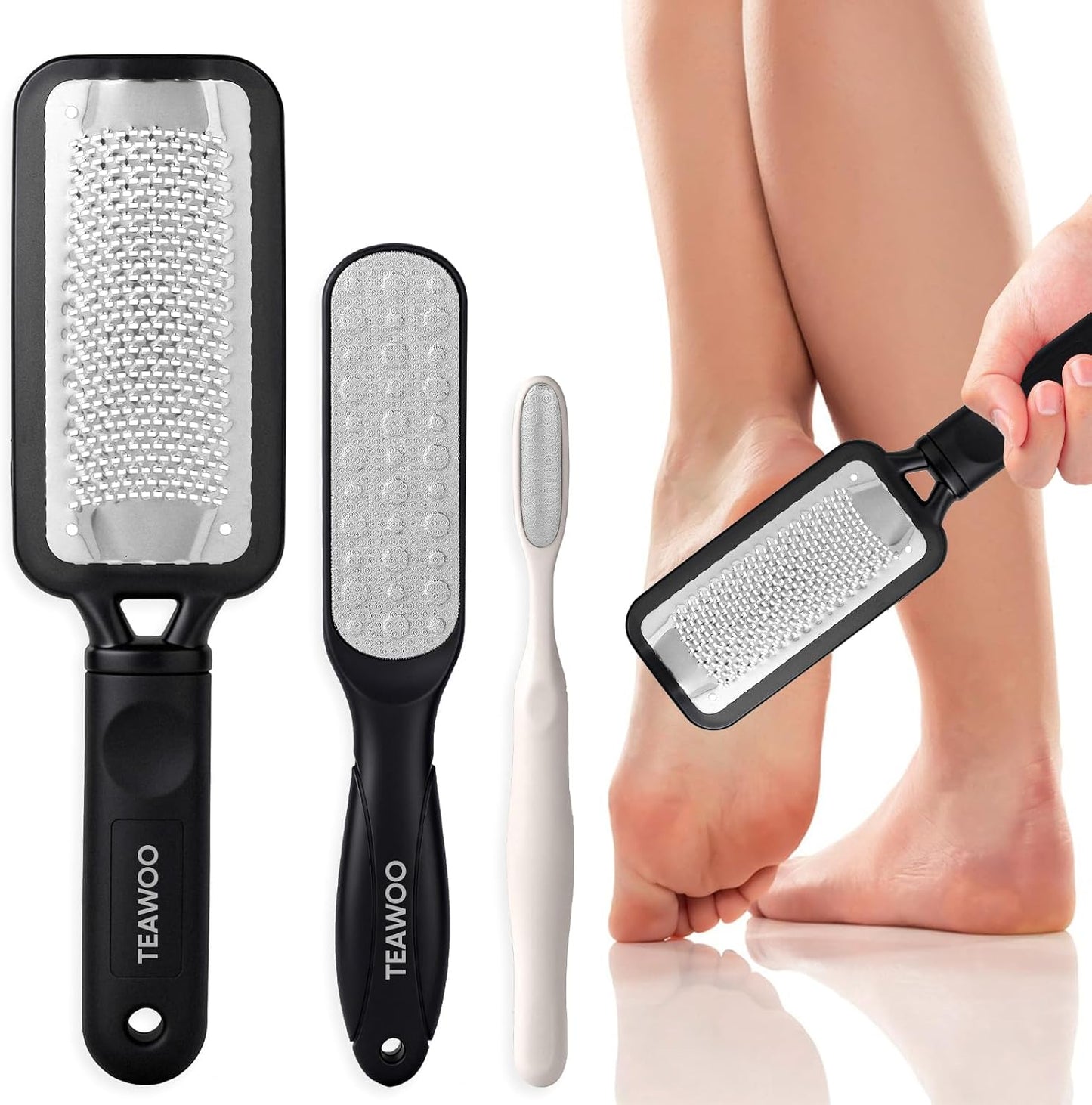 TEAWOO Double Sided Foot File and Callus Remover, Stainless Steel Waterproof Foot Scraper and Foot Rasp for Dead Skin & Hard Heels, 2-in-1 Pedicure Tools for At Home Foot Care