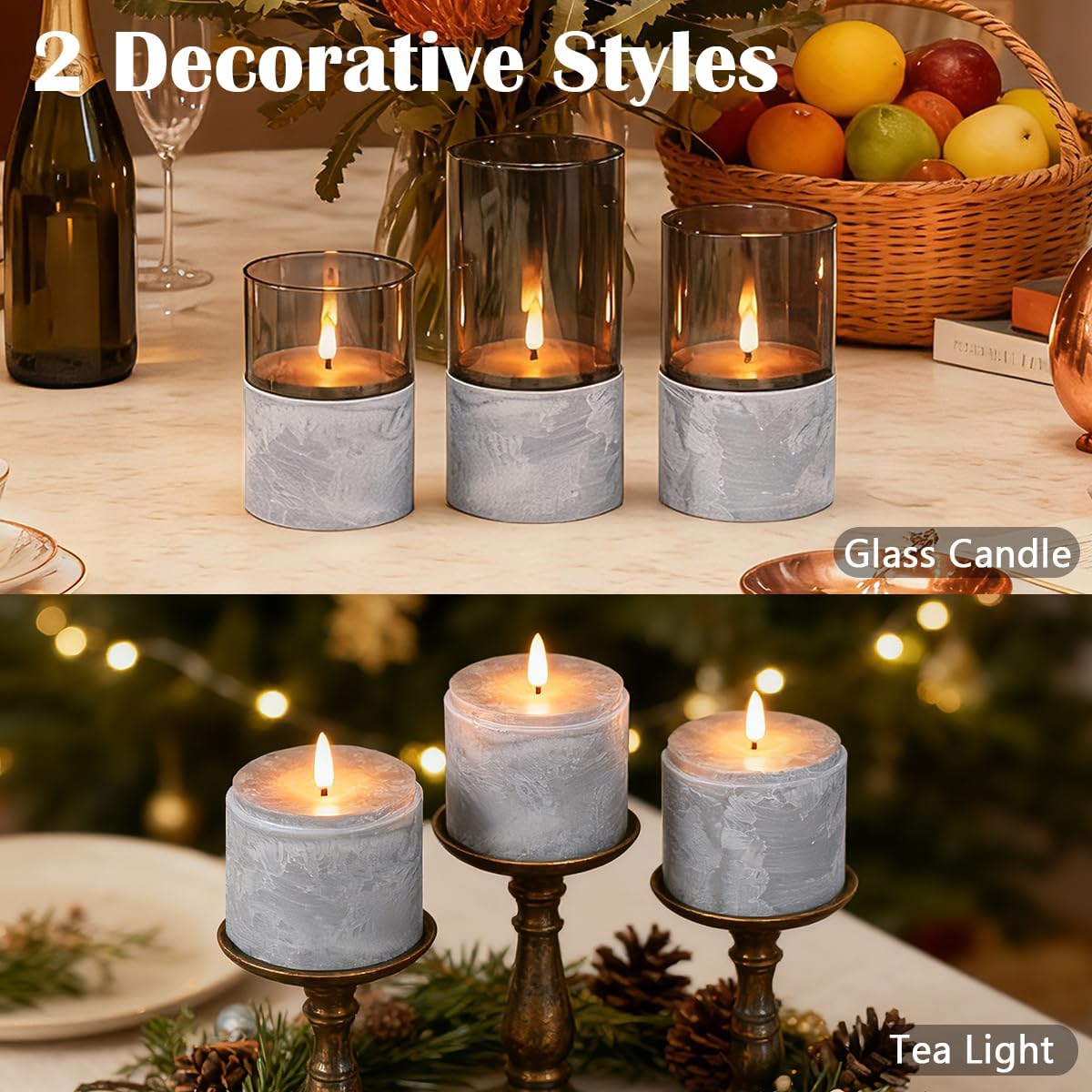 LEDHOLYT Rechargeable Flameless Glass Pillar Candles–Gifts for Women,–Set of 3, Realistic Flickering LED Flame,Remote & Timer, Ideal for Living Room, Bedroom & Halloween Festival Home Party Decor