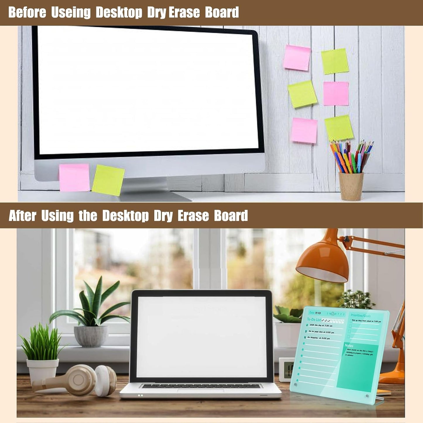 Desktop Thickened Acrylic Dry Erase Board to do List Planner Board，12"x10"，Tabletop Whiteboard with Stand，Frameless Pink Dry Erase White Board，for Office/Home/School