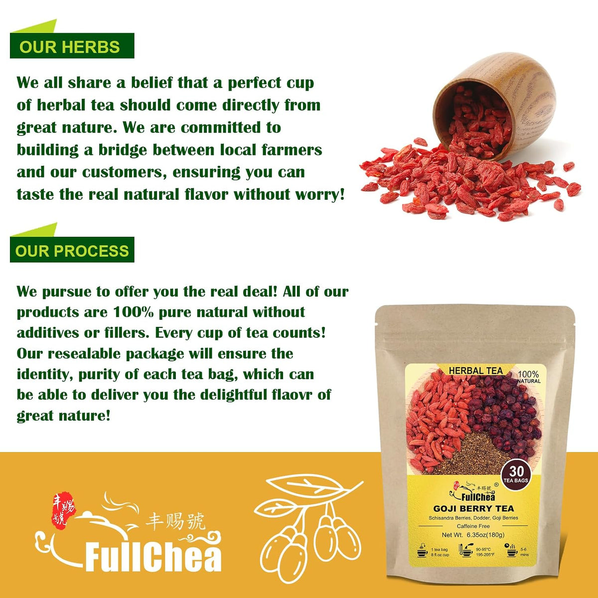 FullChea Goji Berry Tea, 30 Count X 6g, Premium Herbal Tea Combination