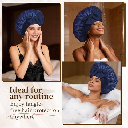 Silk Bonnet Satin Bonnet for Sleeping Large Bonnets with Tie Band Hair Wrap with Adjustable Straps Hair Cap for Women Curly Black