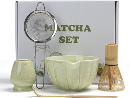 Matcha Whisk Set, Matcha Set Includes Ceramic Matcha Bowl, Bamboo Whisk, Scoop, Chasen Holder, Sifter, 5 Pcs Perfect Matcha Kit for Matcha Lover (Mottled Green)