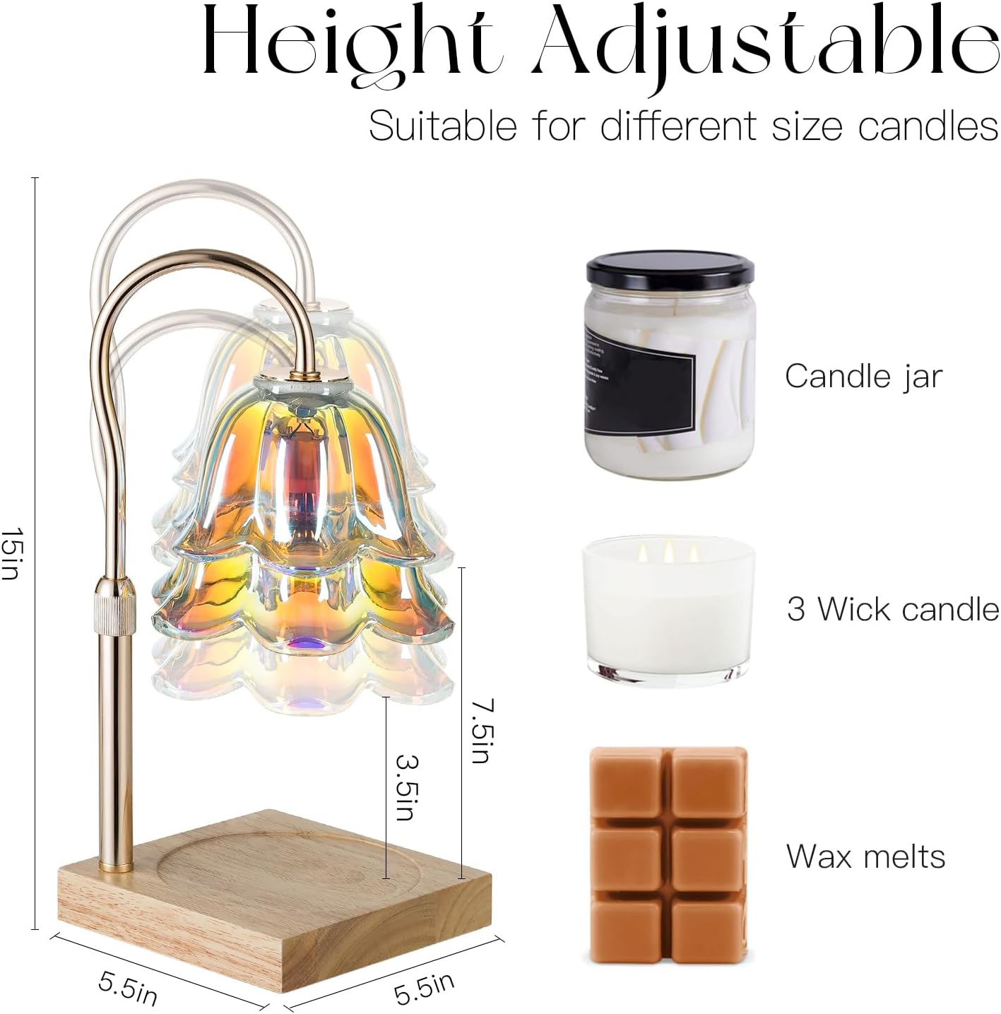 Candeldo Candle Warmer Lamp with Timer: Flower Gold Candle Lamps Height Adjustable Wax Melt House Warming Gifts New Home Decor Mothers Day Birthday Gift for Women Mom