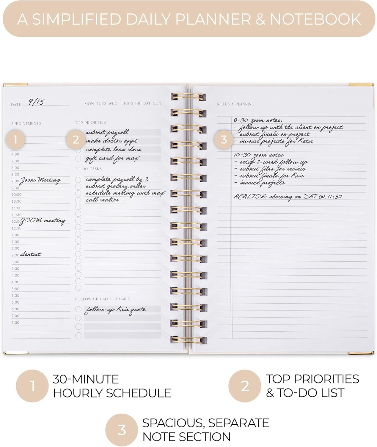 ZICOTO Aesthetic Daily Planner And Notebook With Hourly Schedule - Aesthetic Spiral To do List Notepad For Work/Home to Organize Tasks And Appointments - Stylish School/Office Supplies Book For Women