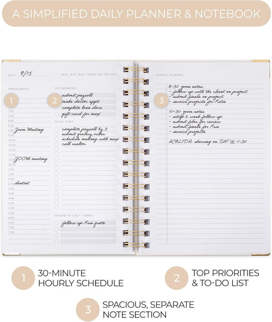 ZICOTO Aesthetic Daily Planner And Notebook With Hourly Schedule - Aesthetic Spiral To do List Notepad For Work/Home to Organize Tasks And Appointments - Stylish School/Office Supplies Book For Women