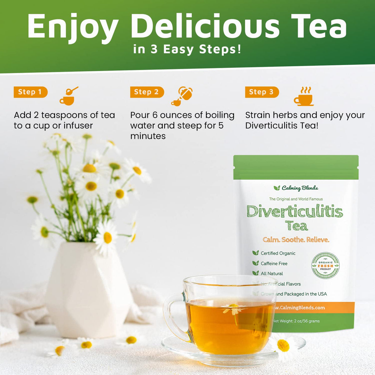 Calming Blends Diverticulitis Tea | Organic Loose Leaf Tea, Caffeine Free | 36 Cups | Made In USA